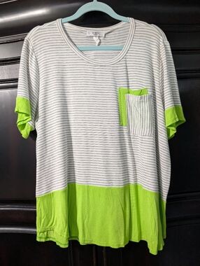 Moa Moa Gray Stripe Tee with Neon Green Colorblock